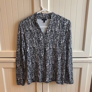Talbots Black and White V-Neck Printed Long-Sleeve Blouse